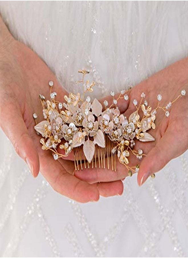 SWEETV Handmade Wedding Hair Comb Pearl Floral Leaf Bridal Hair Accessories For Brides And Bridesmaid, Light Gold  - Image 2
