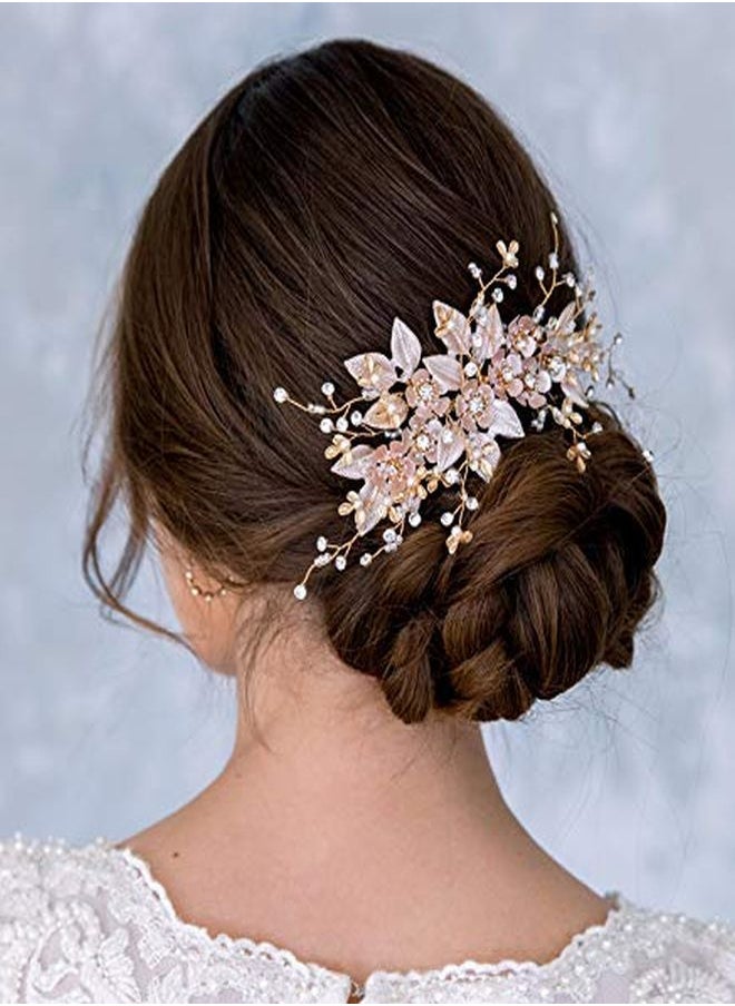 SWEETV Handmade Wedding Hair Comb Pearl Floral Leaf Bridal Hair Accessories For Brides And Bridesmaid, Light Gold  - Image 4