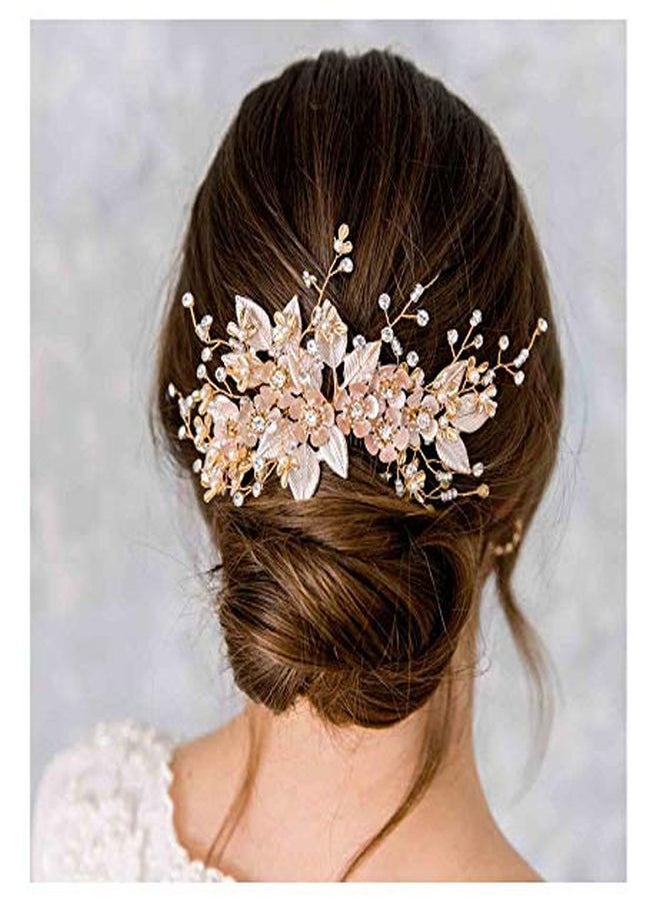 SWEETV Handmade Wedding Hair Comb Pearl Floral Leaf Bridal Hair Accessories For Brides And Bridesmaid, Light Gold  - Image 1