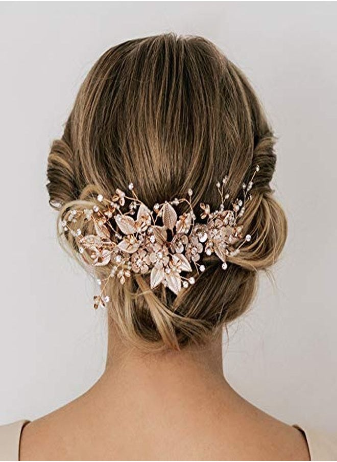 SWEETV Handmade Wedding Hair Comb Pearl Floral Leaf Bridal Hair Accessories For Brides And Bridesmaid, Light Gold  - Image 5