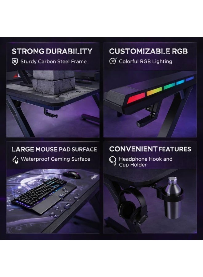 أيه أس أيه مكتب ألعاب Z-Shape مع إضاءة RGB – سطح ألياف كربونية، محطة احترافية للاعبين مع حامل أكواب وسماعة وإدارة كابلات – أسود - Image 2