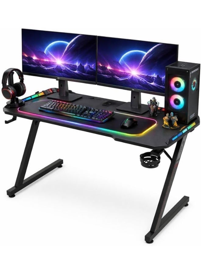 أيه أس أيه مكتب ألعاب Z-Shape مع إضاءة RGB – سطح ألياف كربونية، محطة احترافية للاعبين مع حامل أكواب وسماعة وإدارة كابلات – أسود - Image 1
