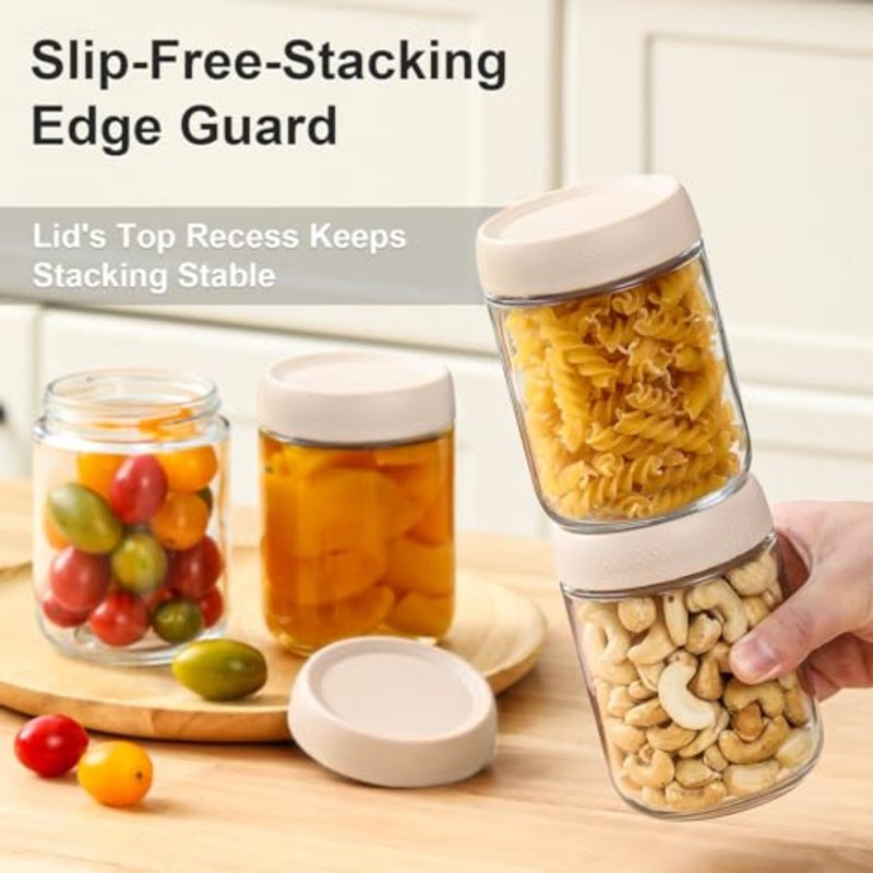6 علب من طراز Glas jars with Airtight Lids, Overnight Oats Containers with Lids, Wide mouth Mason Salad jars, Glass Food Storage Containers for Snacks Yogurt Spice Sugar-Beige - Image 4