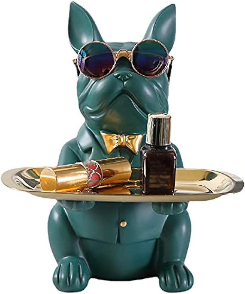 suruim Resin Bulldog Tray Statue Storage Key Holder Candy Jewelry Earrings Tray Piggy Bank Tray Suitable for Home Decor Modern Animal Sculpture Table Decor (Green) - Image 1