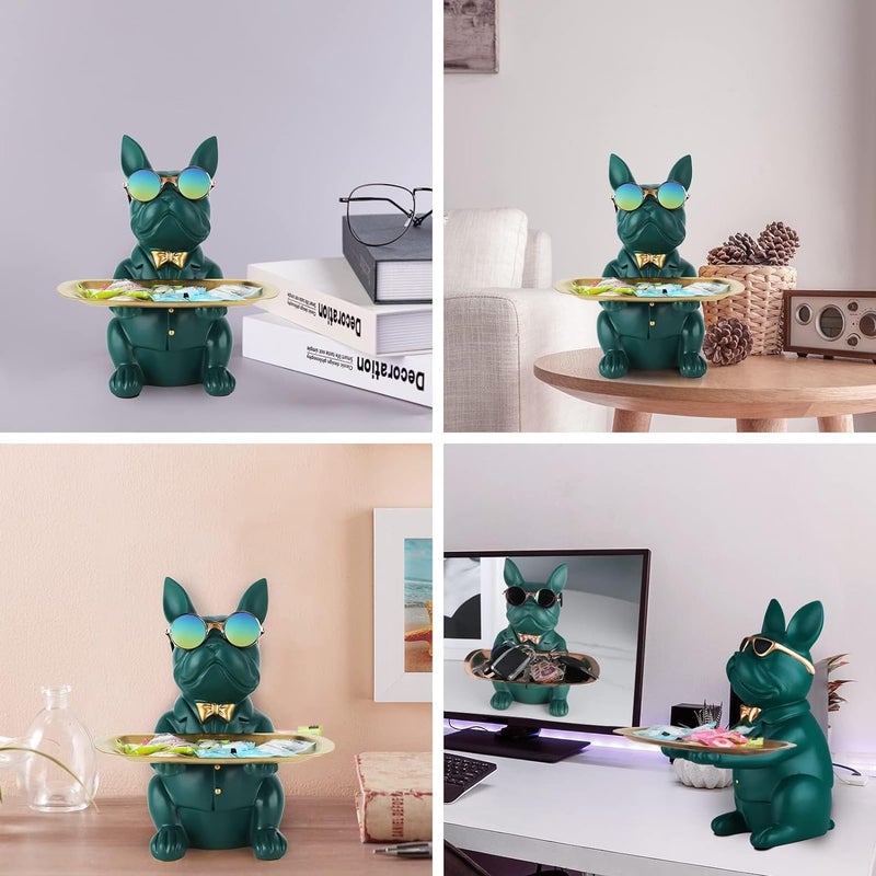 suruim Resin Bulldog Tray Statue Storage Key Holder Candy Jewelry Earrings Tray Piggy Bank Tray Suitable for Home Decor Modern Animal Sculpture Table Decor (Green) - Image 5