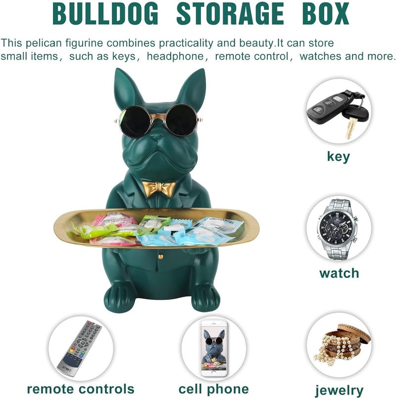 suruim Resin Bulldog Tray Statue Storage Key Holder Candy Jewelry Earrings Tray Piggy Bank Tray Suitable for Home Decor Modern Animal Sculpture Table Decor (Green) - Image 2