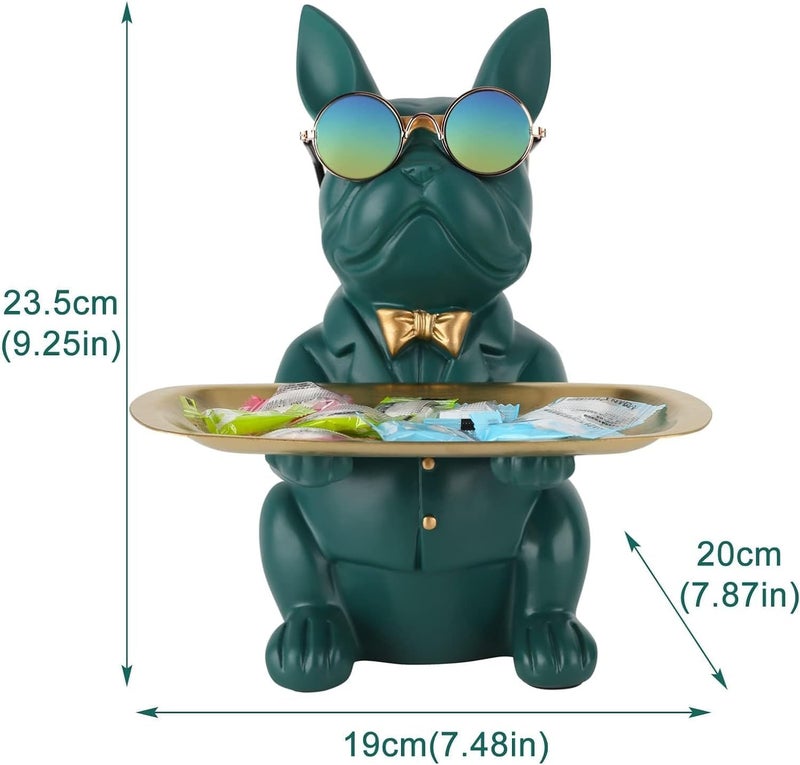 suruim Resin Bulldog Tray Statue Storage Key Holder Candy Jewelry Earrings Tray Piggy Bank Tray Suitable for Home Decor Modern Animal Sculpture Table Decor (Green) - Image 3