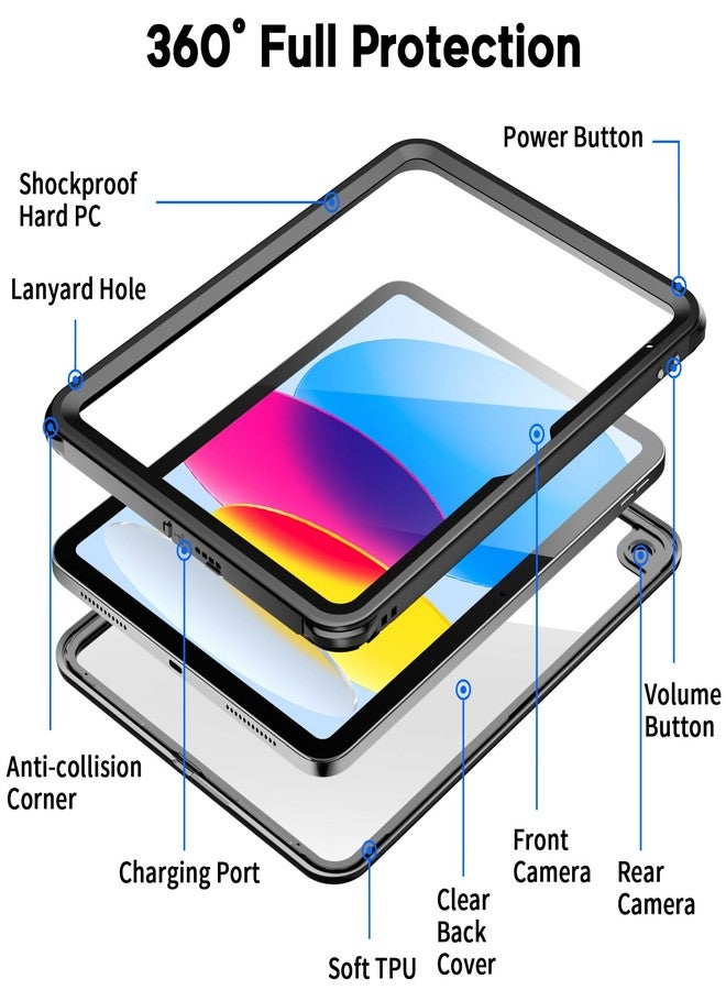 SUPFINE for iPad 10th Generation Case Waterproof, [Built-in Screen Protector][with Stand and Shoulder Strap] Full Body Rugged Shockproof Waterproof Cover for iPad 10th Gen 10.9-inch 2022, Black/Clear - Image 3
