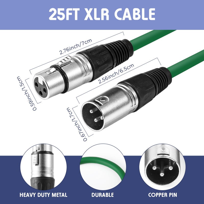 Copkim 6 Pack 25 ft Bright XLR Cables 3 Pins Balanced XLR Microphone Cable to Male to Female Mic Cable for Microphone, Mixer, Recording Studio, Podcast - Image 2
