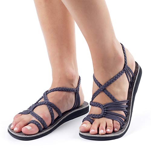 Plaka Palm Leaf Flat Summer Sandals for Women | Perfect for the Beach Walking & Dressy Occasions | Anchor Gray | Size 8 - Image 2