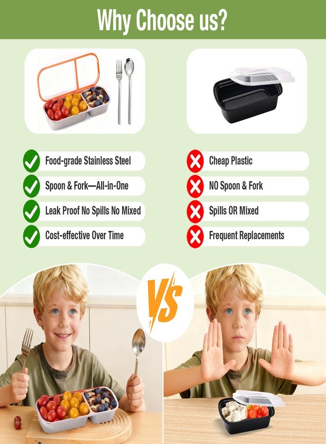 Wynaura 2 Pack Stainless Steel Snack Containers for Kids & Adults, Reusable Snack Containers with Lids & Fork & Spoon, 2 Compartment Snack Containers, Snack Pack Containers for Home School Office Travel - Image 4
