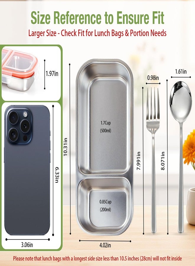 Wynaura 2 Pack Stainless Steel Snack Containers for Kids & Adults, Reusable Snack Containers with Lids & Fork & Spoon, 2 Compartment Snack Containers, Snack Pack Containers for Home School Office Travel - Image 2