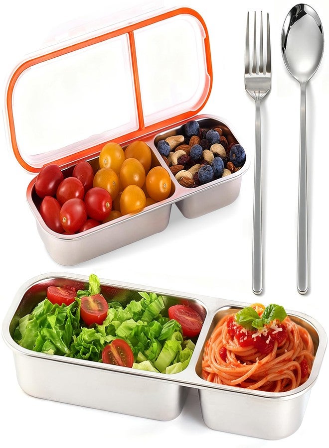 Wynaura 2 Pack Stainless Steel Snack Containers for Kids & Adults, Reusable Snack Containers with Lids & Fork & Spoon, 2 Compartment Snack Containers, Snack Pack Containers for Home School Office Travel - Image 1