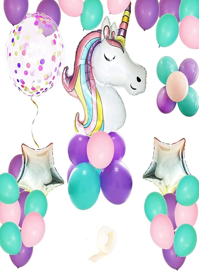 Secret Unicorn Birthday Decorations 12 Purple Pink Blue Macaron Latex Unicorn Balloons Kit with Giant Unicorn Foil Stars for Girls Baby Shower Unicorn Birthday Party Supplies Wedding Anniversary Decoration