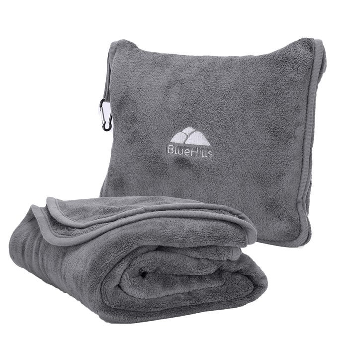 PREMIUM SOFT LONG TRAVEL BLANKET PILLOW FOR TALL AIRPLANE FLIGHT BLANKET THROW IN SOFT BAG CASE WITH HAND LUGGAGE BELT BACKPACK CLIP COMPACT PACK LARGE GREY GRAY T052