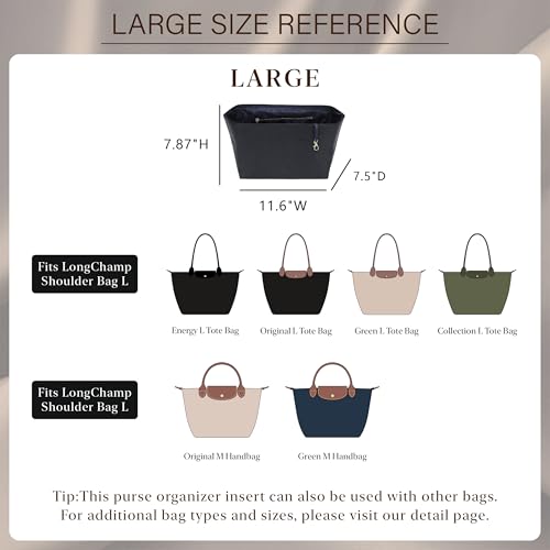 Doxo Purse Organizer Insert for Longchamp Le Pliage Large, 6-Compartment Bag Organizer with YKK Zipper Pocket, Cup Holder, Key Chain, Waterproof DupontPaper Lightweight Handbag Shaper (Black Blue,L) - Image 2