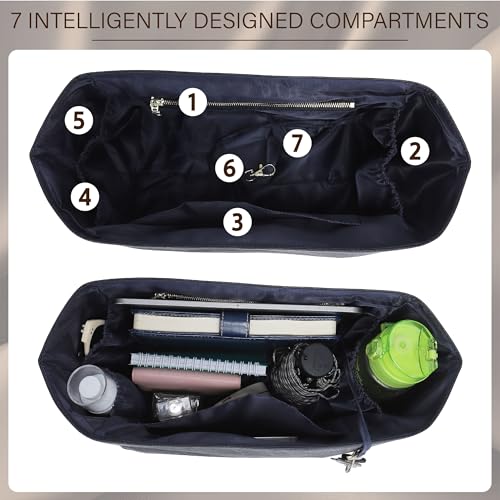 Doxo Purse Organizer Insert for Longchamp Le Pliage Large, 6-Compartment Bag Organizer with YKK Zipper Pocket, Cup Holder, Key Chain, Waterproof DupontPaper Lightweight Handbag Shaper (Black Blue,L) - Image 4