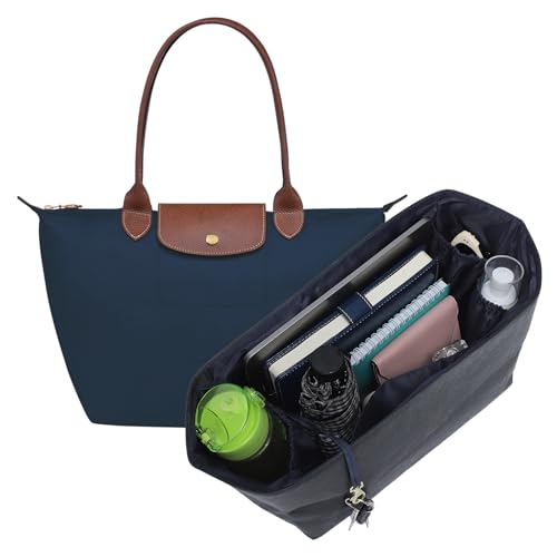 Doxo Purse Organizer Insert for Longchamp Le Pliage Large, 6-Compartment Bag Organizer with YKK Zipper Pocket, Cup Holder, Key Chain, Waterproof DupontPaper Lightweight Handbag Shaper (Black Blue,L) - Image 1