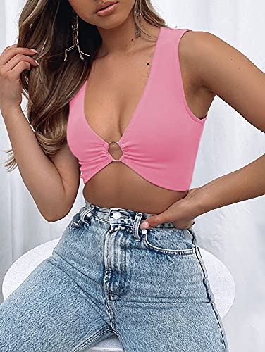 AEVZIV Sexy Crop Tops for Women Sleeveless Deep V Neck Workout Tops Plunge Ring Cleavage Cropped Tank Top Pink S - Image 5