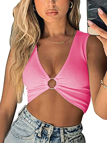 AEVZIV Sexy Crop Tops for Women Sleeveless Deep V Neck Workout Tops Plunge Ring Cleavage Cropped Tank Top Pink S - Image 3