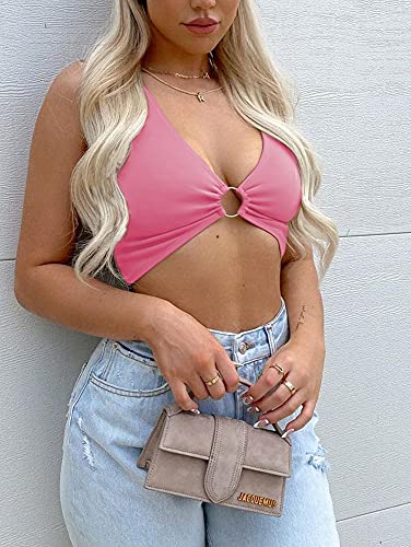 AEVZIV Sexy Crop Tops for Women Sleeveless Deep V Neck Workout Tops Plunge Ring Cleavage Cropped Tank Top Pink S - Image 4
