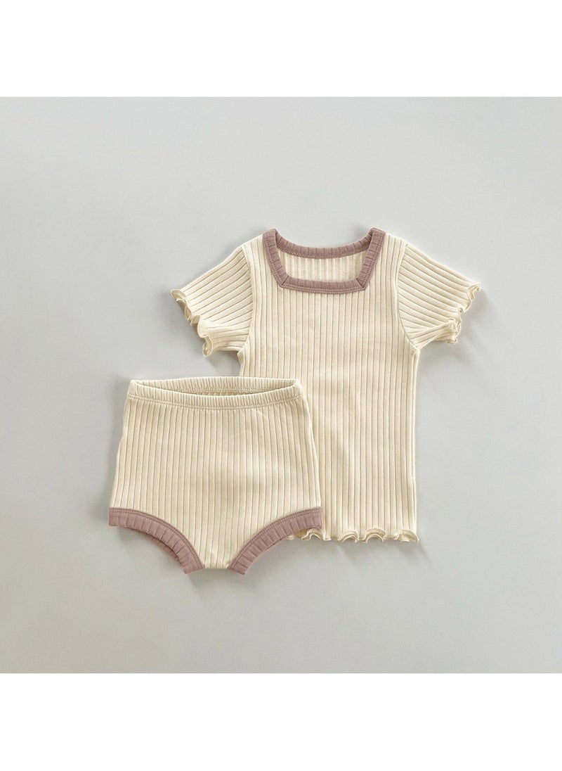 Baby Soft Breathable Cotton Short Sleeve T-shirt + Briefs + Hair Tie Beige Three-Piece Set - Image 2