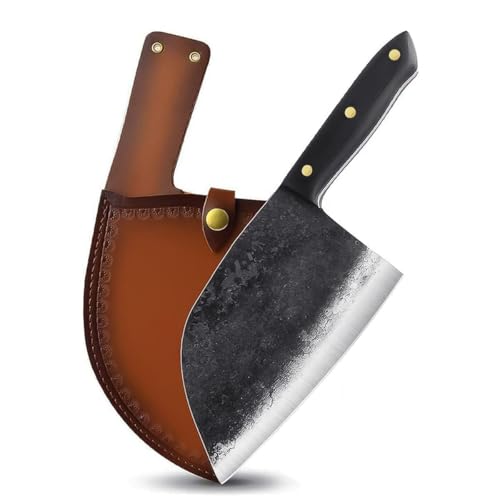 Freelander Serbian Chef Knife, Heavy Duty Handmade Forged Meat Cleaver for Meat Cutting, Full Tang High-Carbon Clad Steel Butcher Knife, Non-Slip Shock-Absorbing Handle and Leather Sheath - Image 1