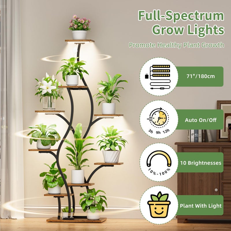 BACEKOLL Plant Stand Indoor with Grow Lights - Lighted Plant Shelf Indoor, 64.5" Tall Corner Plant Stands for Indoor Plants, 9 Tiered Tree-Shaped Flower Shelf Metal Holder for Living Room, Bedroom, Black - Image 3