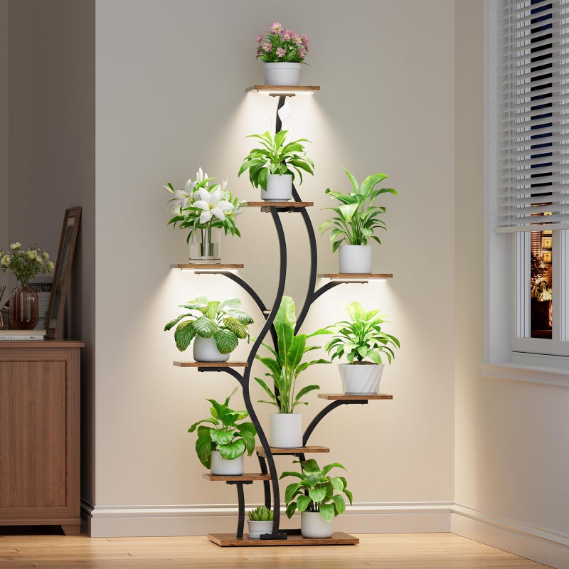 BACEKOLL Plant Stand Indoor with Grow Lights - Lighted Plant Shelf Indoor, 64.5" Tall Corner Plant Stands for Indoor Plants, 9 Tiered Tree-Shaped Flower Shelf Metal Holder for Living Room, Bedroom, Black - Image 1