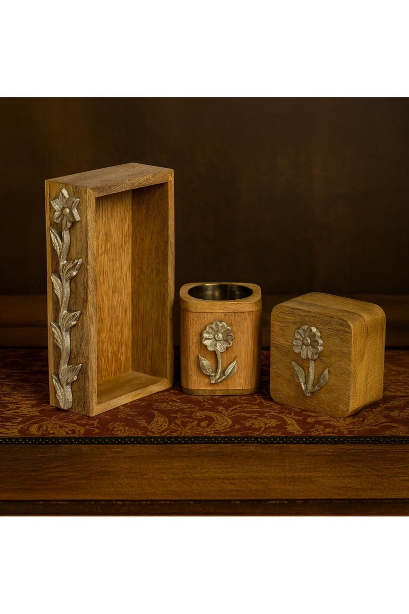 رومان جيفتس مجموعة مكونة من 3 حوامل عود بخور أنيقة من الخشب مع تطعيمات من الألومنيوم تضم المجموعة الفاخرة حامل صينية وحارق لتزيين المنزل أو الطاولات - Image 3