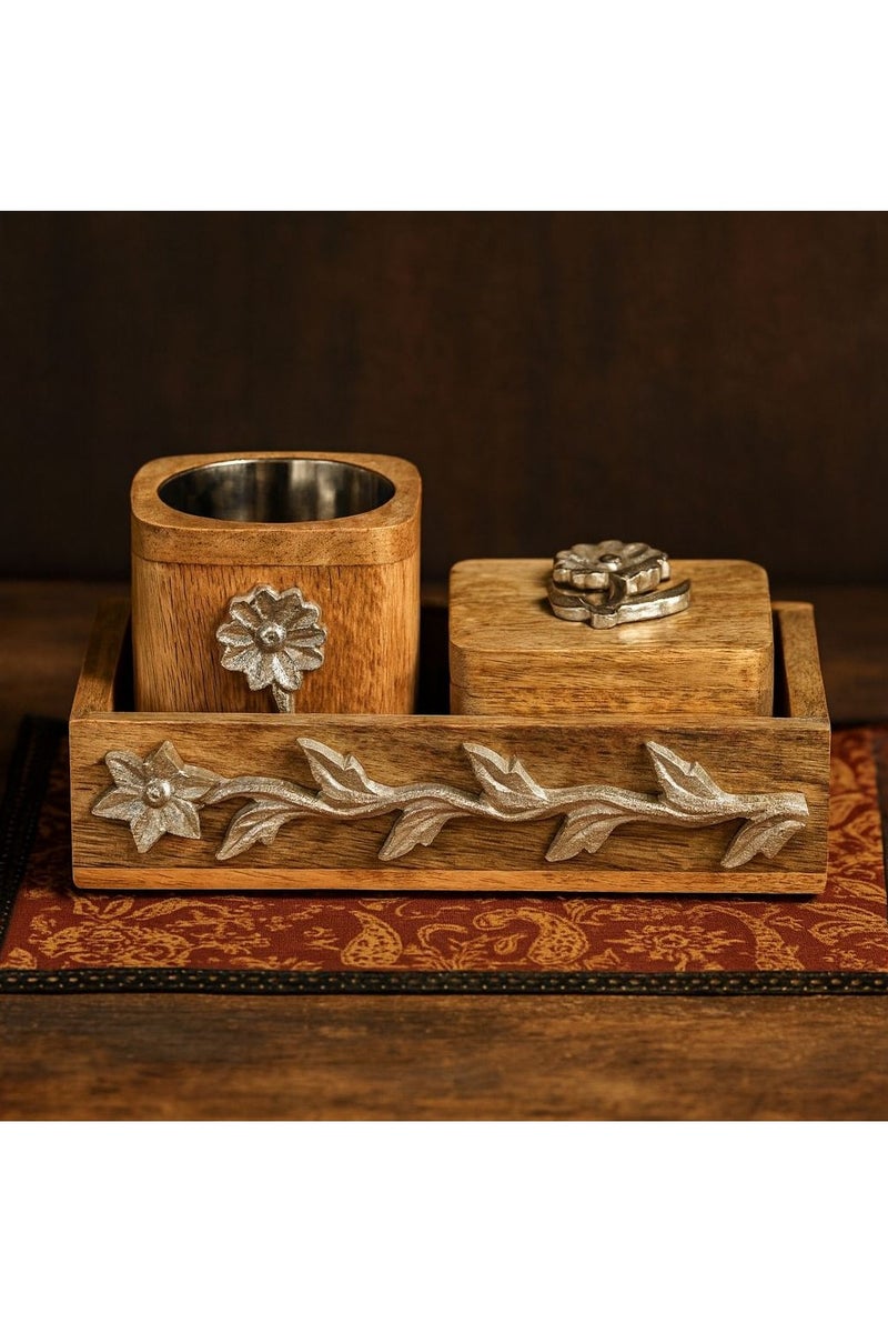 رومان جيفتس مجموعة مكونة من 3 حوامل عود بخور أنيقة من الخشب مع تطعيمات من الألومنيوم تضم المجموعة الفاخرة حامل صينية وحارق لتزيين المنزل أو الطاولات - Image 1