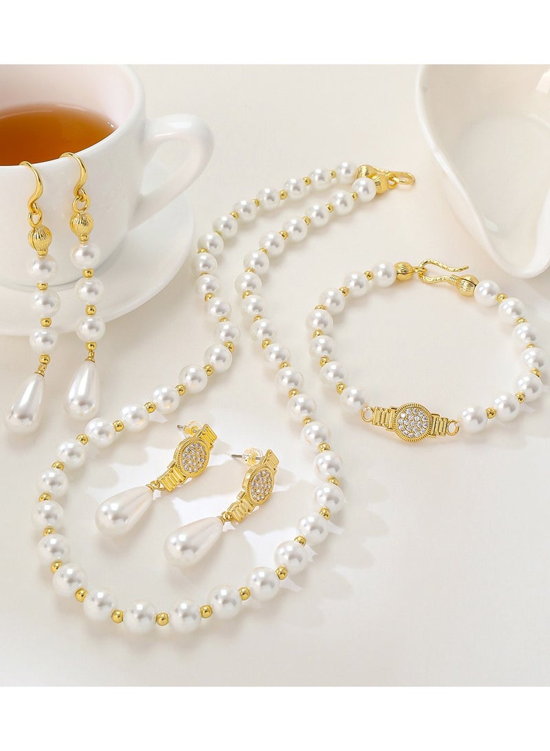 Mark Fairwhale French Minimalist Pearl Necklace Earring Bracelet Four Piece Set - Image 1