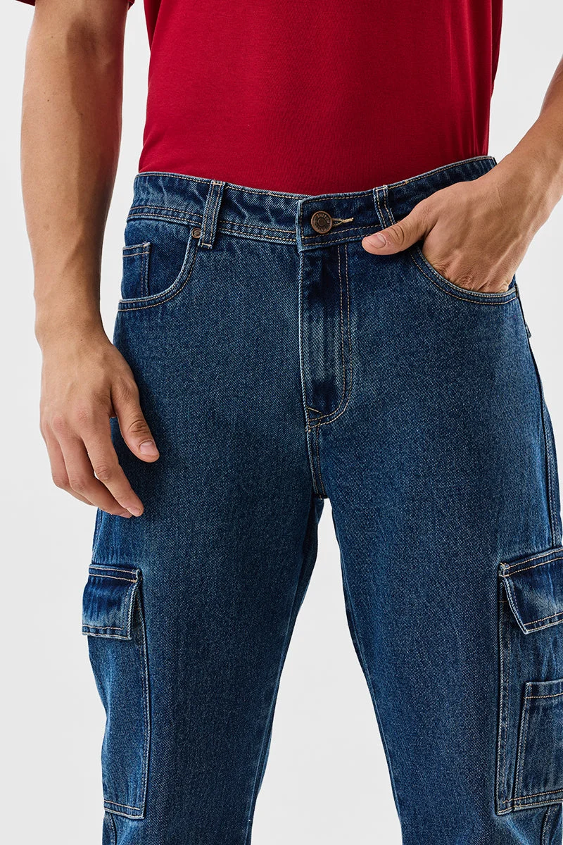 SNITCH Blue Regular Fit Cargo Jeans for Men | Best Price UAE