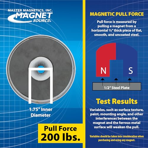 Master Magnetics عبوة مغناطيس سيراميك بقاعدة دائرية من ماستر ماغنيتيكس - مغناطيسات قوية للاستخدام الثقيل - سحب 200 رطل لكل واحدة - للاستخدام الداخلي والخارجي - مطلي بالكروم - قطر 4.90 بوصة - ثقب 0.50 بوصة - سمك 0.50 بوصة - عبوة من 2 - Image 5