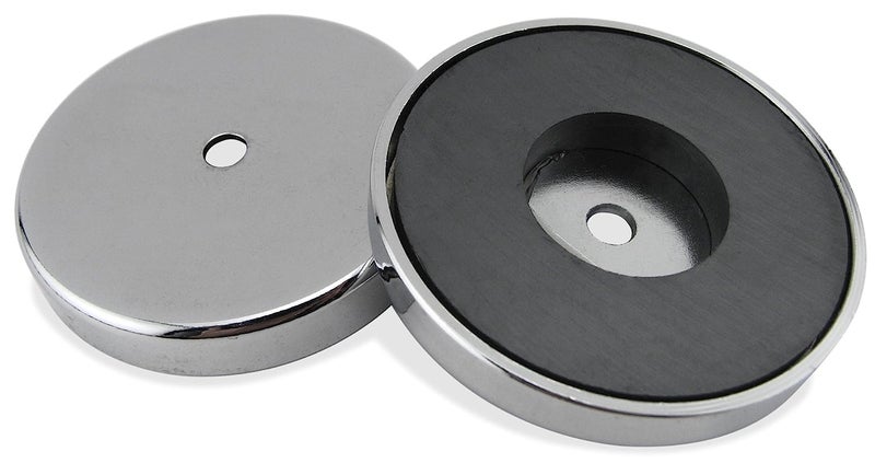Master Magnetics عبوة مغناطيس سيراميك بقاعدة دائرية من ماستر ماغنيتيكس - مغناطيسات قوية للاستخدام الثقيل - سحب 200 رطل لكل واحدة - للاستخدام الداخلي والخارجي - مطلي بالكروم - قطر 4.90 بوصة - ثقب 0.50 بوصة - سمك 0.50 بوصة - عبوة من 2 - Image 1