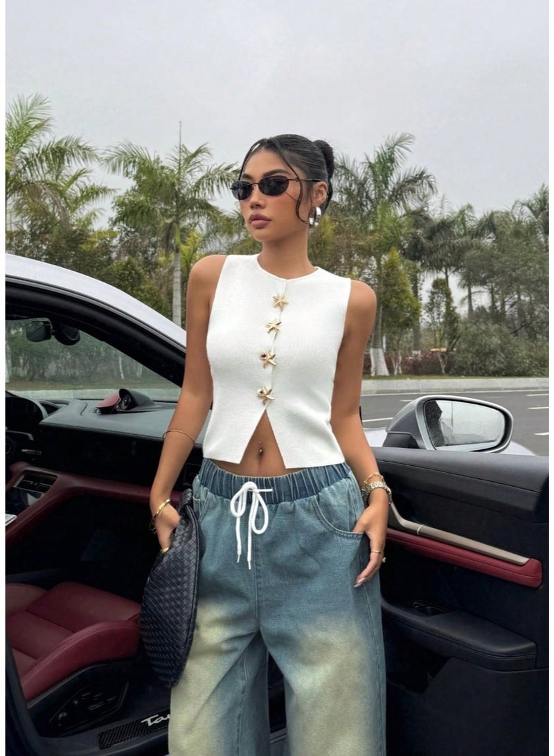 SHEIN Sleeveless Open Front T SHIRT With Metal Decor, Summer - Image 1