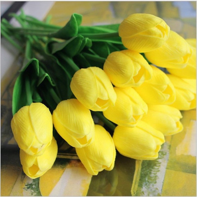 SHINE-CO LIGHTING Artificial Tulips 10Pcs Real Touch Fake Tulips PU Flower Arrangement Bouquets for Home Party Decoration (Yellow) - Image 2