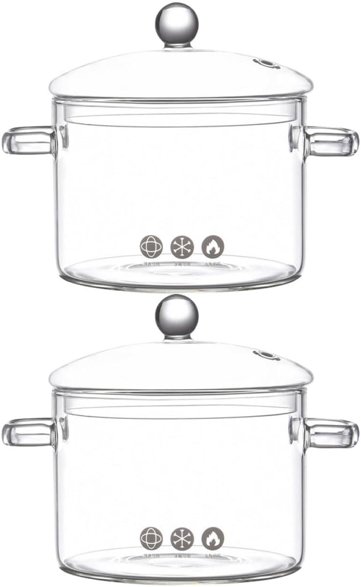 BESPORTBLE Heat-resistant Glass Cooking Pot with Lid 1500ml Saucepan Set of 2, Kitchen Glass Stew Pot for Instant Noodles and Soup Cooking - Image 1