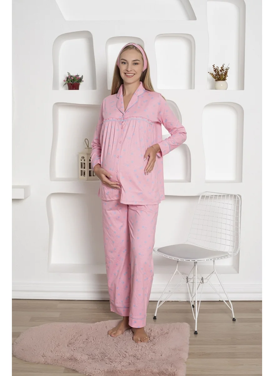 Bie'S Heart-patterned Maternity Long Sleeve Seasonal Waist Adjustable Cotton Pajama Set-Wide Pattern