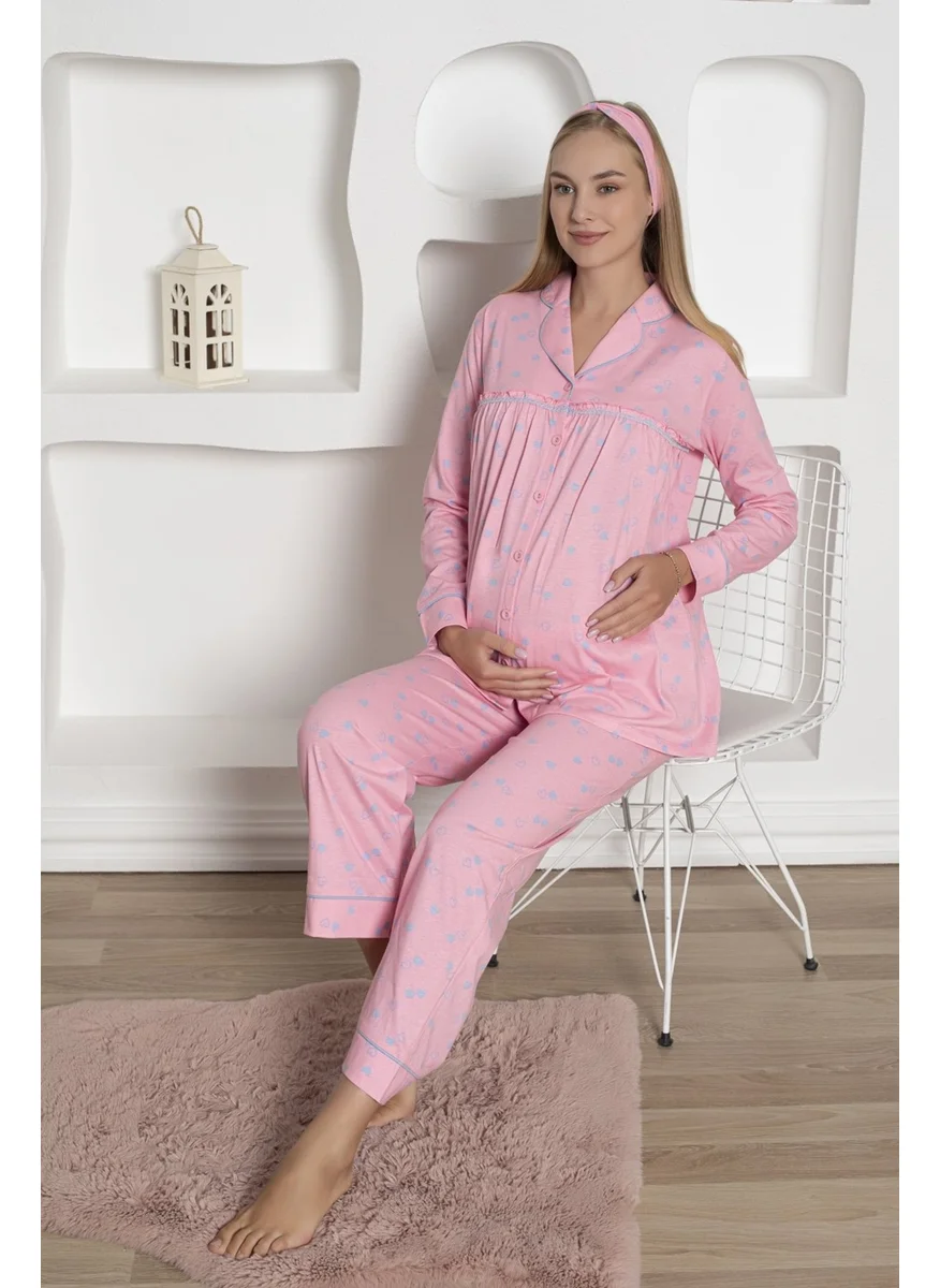 Bie'S Heart-patterned Maternity Long Sleeve Seasonal Waist Adjustable Cotton Pajama Set-Wide Pattern