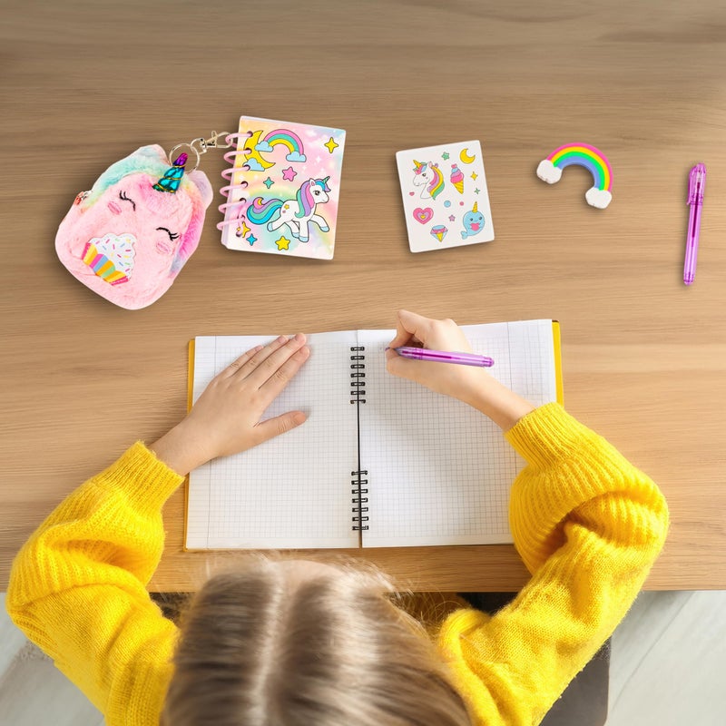VOTUM Unicorn Keychain Charm for Backpacks, Purses, Handbags, Car Keys with Stationery Set - Includes Mini Notebook, Gel Pen, Eraser, Stickers - Portable & Fun Gift for Tweens Ages 8+ - Image 5