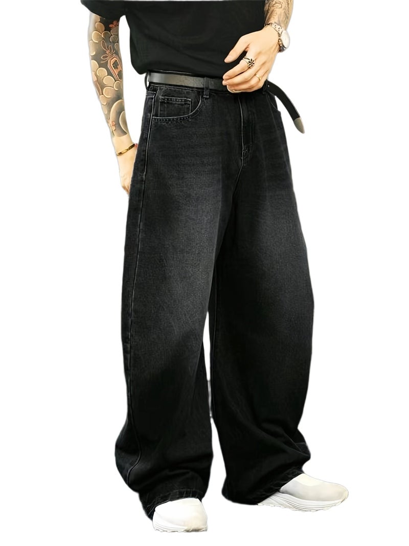 Retro Washed Black Denim Men's Trousers, Loose American Street Style, Straight-leg Loose Long Pants. - Image 1