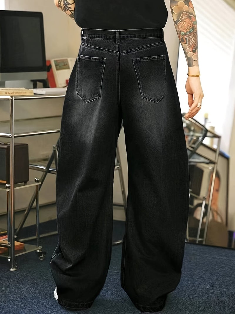 Retro Washed Black Denim Men's Trousers, Loose American Street Style, Straight-leg Loose Long Pants. - Image 5