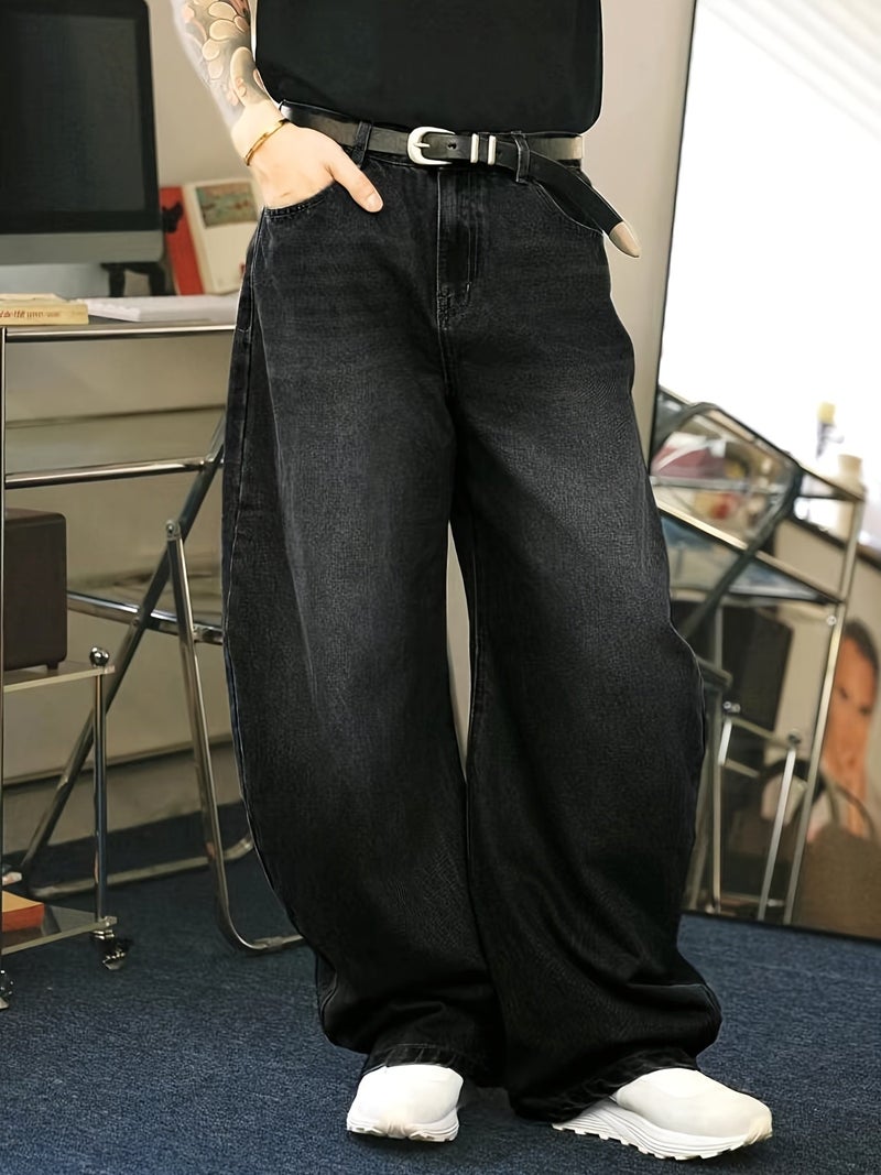 Retro Washed Black Denim Men's Trousers, Loose American Street Style, Straight-leg Loose Long Pants. - Image 3