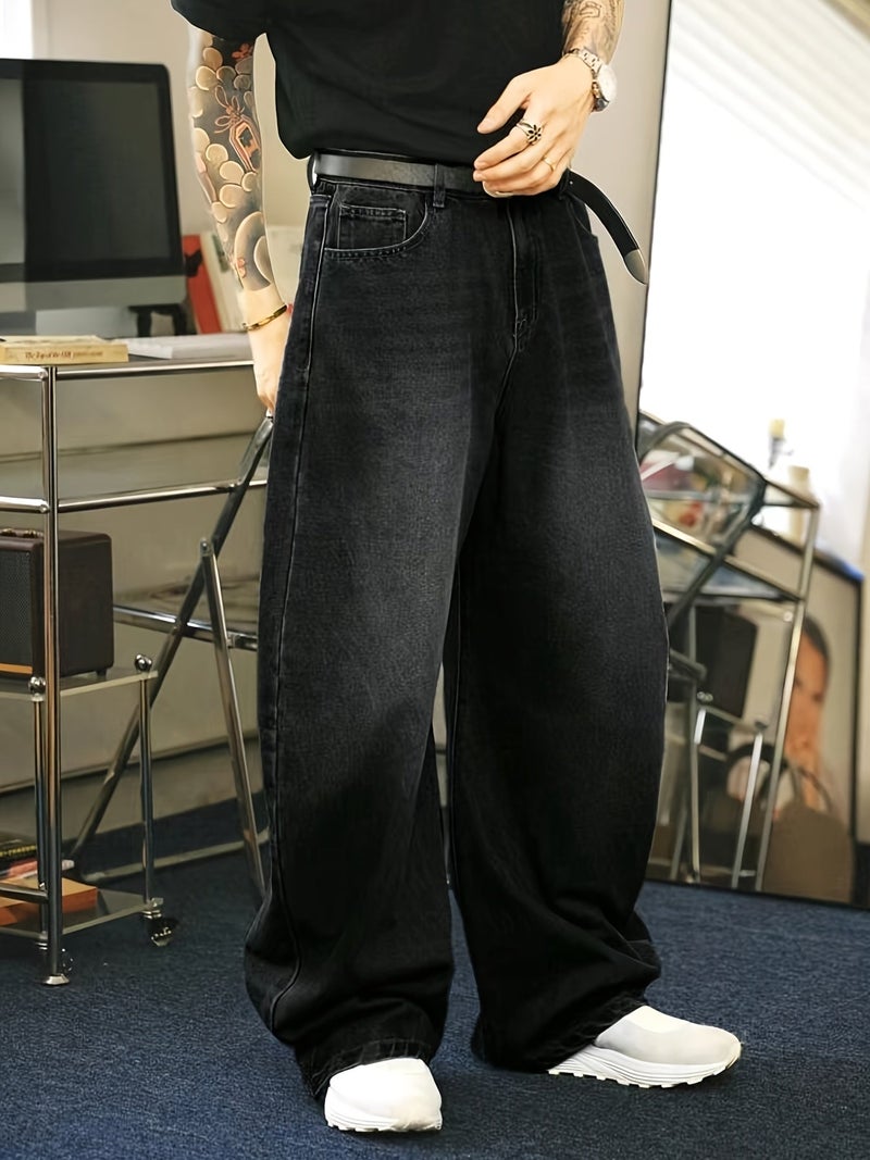 Retro Washed Black Denim Men's Trousers, Loose American Street Style, Straight-leg Loose Long Pants. - Image 2