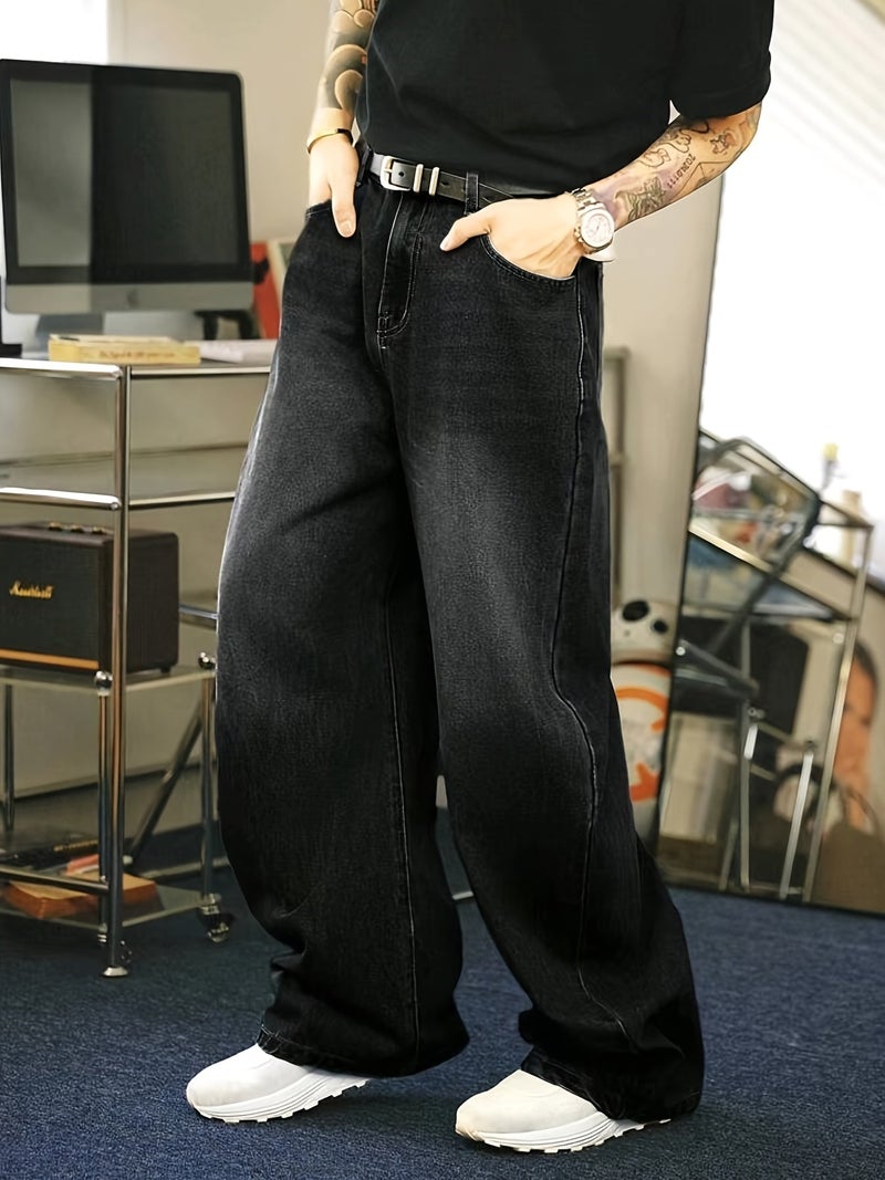 Retro Washed Black Denim Men's Trousers, Loose American Street Style, Straight-leg Loose Long Pants. - Image 4
