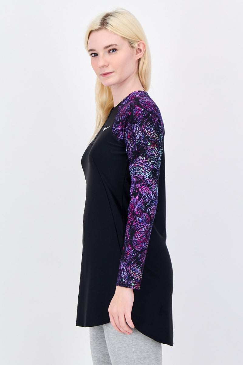 Nike Women Brand Logo Padded Long Sleeve Swim Tunic, Black - Image 3