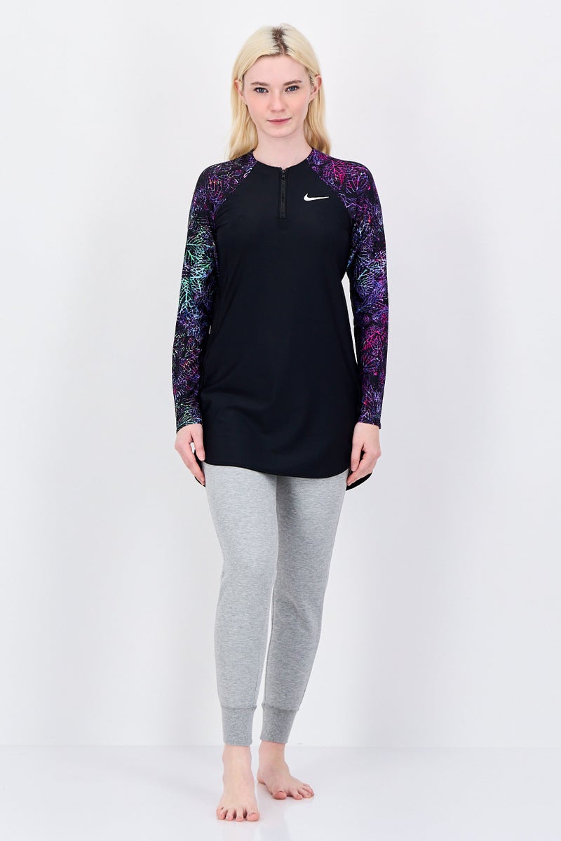 Nike Women Brand Logo Padded Long Sleeve Swim Tunic, Black - Image 4