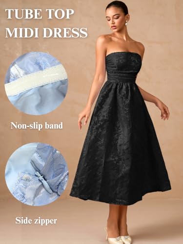 ShawGobow Strapless Corset Dress,Jacquard Formal Midi Dresses for Women,Wedding Guest Cocktail Party Outfits Black Small - Image 4