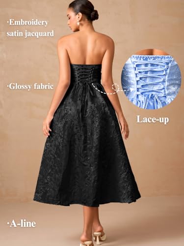 ShawGobow Strapless Corset Dress,Jacquard Formal Midi Dresses for Women,Wedding Guest Cocktail Party Outfits Black Small - Image 5